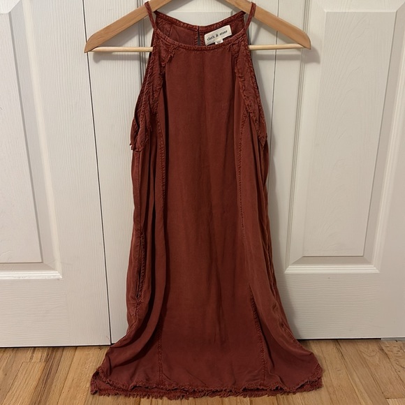 Anthropologie Cloth & Stone rustic burnt orange Fringed Hem Halter Dress xsmall - Picture 2 of 8